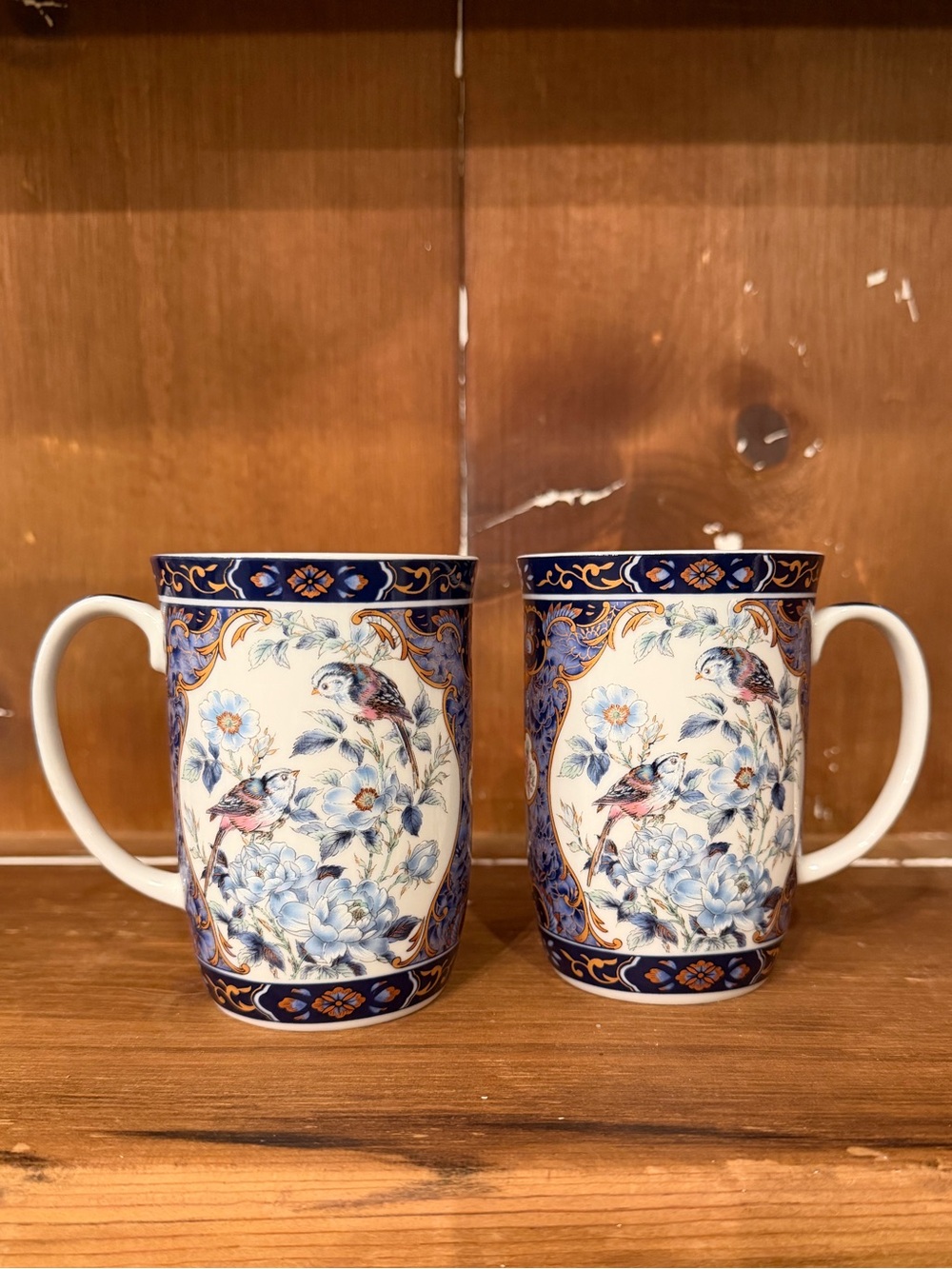 2 Porcelain Floral Bird Pattern Mug Blue and White Vintage Japanese Otagiri